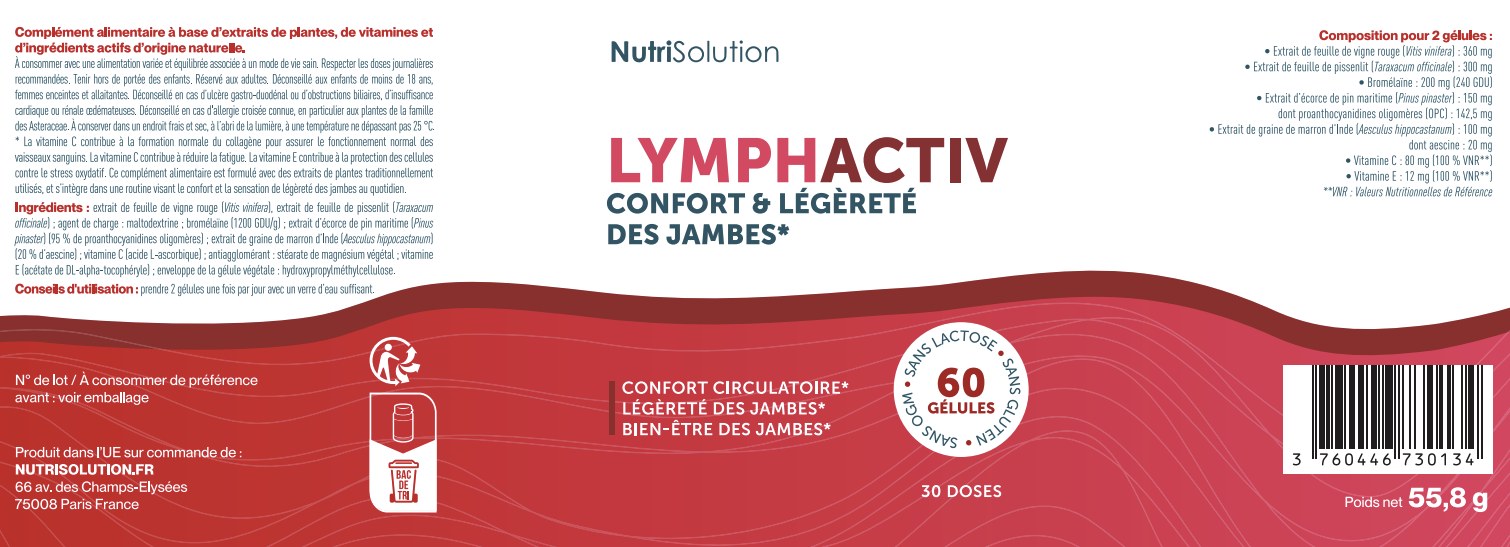 Étiquette officielle française de LymphActiv : composition pour 2 gélules, ingrédients et précautions d'emploi